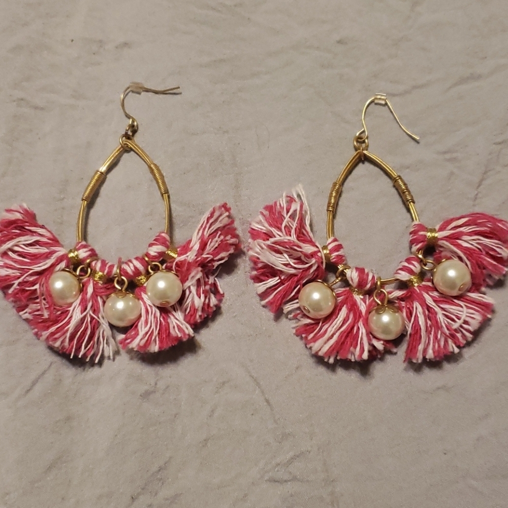 Plunder Boho‎ Pink Tassel Hoop Earrings with Pearl Charms – Statement Dangle